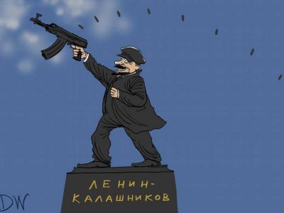 Памятник М. Калашникову в Москве — политический сюрреализм. Карикатура: С. Елкин, dw.com, www.facebook.com/sergey.elkin1